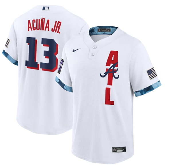 Men's Atlanta Braves #13 Ronald Acuña Jr. 2021 White All-Star Cool Base Stitched MLB Jersey Men's Atlanta Braves #13 Ronald Acuña Jr. 2021 White All-Star Cool Base Stitched MLB Jersey